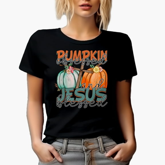 Pumpkin Obsessed and Jesus Blessed, Fall Art Merch Gift, Black T-Shirt, Small