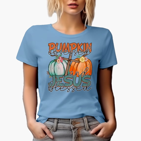 Pumpkin Obsessed and Jesus Blessed, Fall or Autumn Art Merch Gift, Baby Blue T-Shirt, Small
