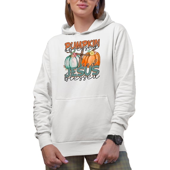 Pumpkin Obsessed and Jesus Blessed, Fall or Autumn Art Merch Gift, White Hooded Sweatshirt or Hoodie, Large