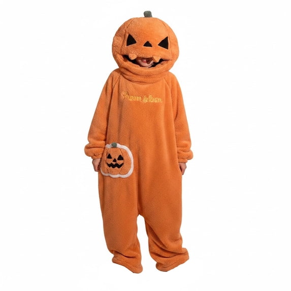Pumpkin Onesie Adult, Halloween Pumpkin Costume Pajamas, Plush Fleece Hooded One-Piece Pajamas Long Sleeve Cozy Home Loungewear Orange L
