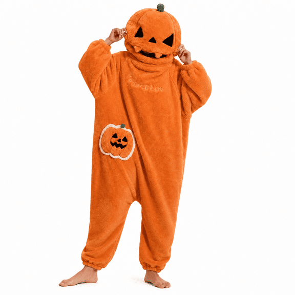 Pumpkin Onesie for Women, Plush Halloween Hooded Pajamas, Cozy One Piece Fall Loungewear