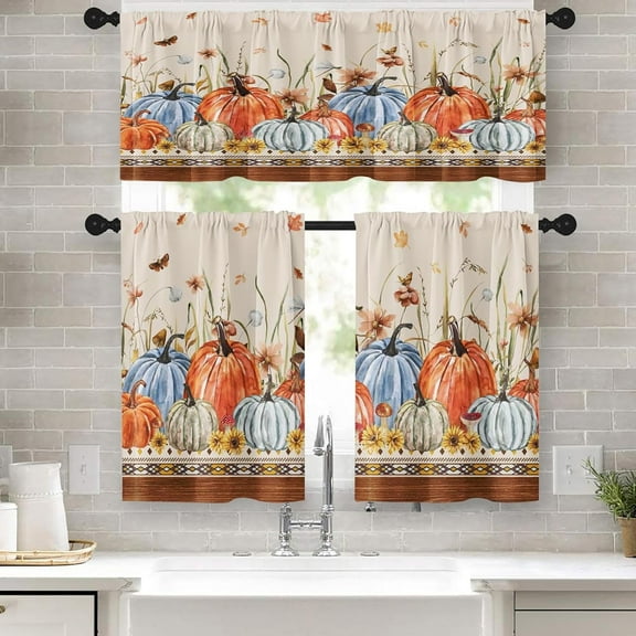 Pumpkin Orange Blue Kitchen Curtains Fall Retro Window Curtains Valance and Tier Set 36 Inch, Autumn Botanical Rod Pocket Short Tier Curtain for Room, Rustic Small Cafe Kitchen Decor