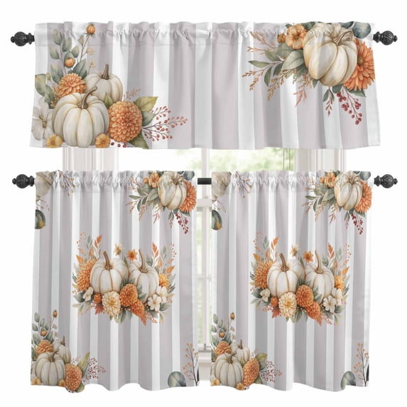 Pumpkin Orange Flowers Kitchen Curtains Valances and Tiers Set of 3 Fall Gray Striped Tier Curtains and Valance with Rod Pocket for Small Windows, 27.5"x24"