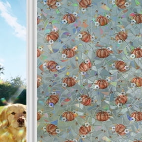 Pumpkin Orange Rainbow Window Privacy Film, Halloween Harvest Festive Country Farmhouse Dusty Gray Stained Glass Window Film, Sun Blocking Glass Clings Non Adhesive Door Stickers 17.7 x 39.3 Inches