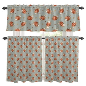 Pumpkin Orange Window Curtains Valance Set of 3 Halloween Harvest Festive Country Farmhouse Dusty Gray Rod Pocket Small Kitchen Curtain, Soft Window Treatment for Bedroom Party Holiday Decor