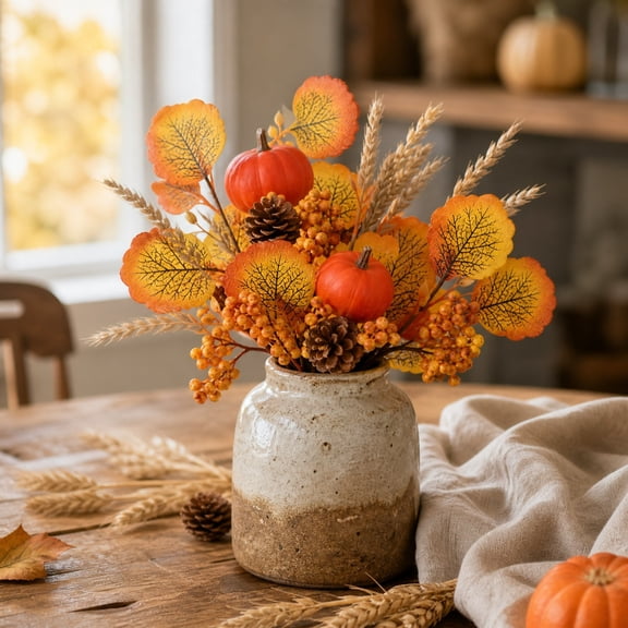Pumpkin Ornament, 10*2*2 in Maple Leaf Artificial Pumpkin Chenille Sticks, Autumn Vase Filler Centerpiece, Decor for Home Table, Mantel, Halloween Bedroom, Holiday Scene Decoration