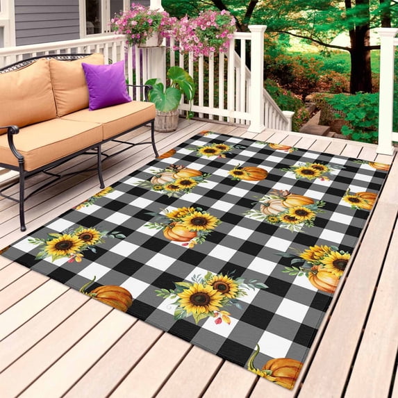 Pumpkin Outdoor Rug for Patio/Deck/Porch, Non-Slip Large Area Rug 5 x 8 Ft, Sunflower Buffalo Plaid Black White Check Indoor Outdoor Rugs Washable Area Rugs, Reversible Camping Rug Carpet Runner