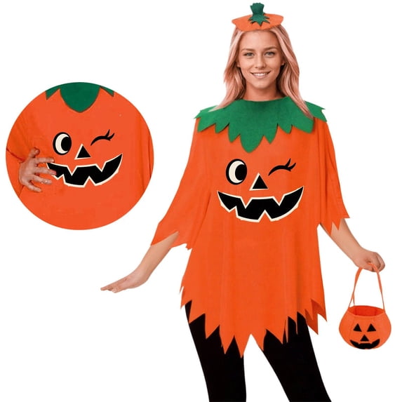 Pumpkin Outfit, Pumpkin Roleplay, Pumpkin Cos, Halloween Pumpkin Costume for Women - Glow In The Dark Poncho Set With Headband Candy Bag, Halloween Cosplay Clothes-Cloak+Hat+Handbag, C One Size