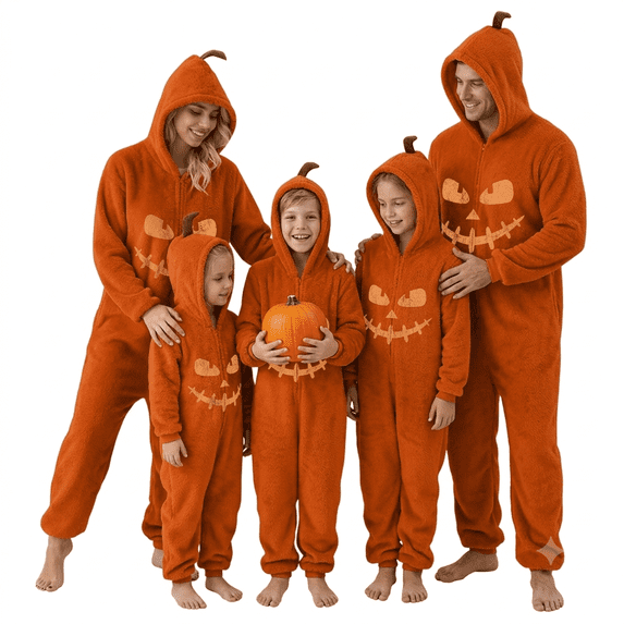 Pumpkin Outfits,Pumpkin Costume,Cozy Fleece Pumpkin Cosplay Costume, Festive Hooded Jack-O-Lantern One-Piece Pajamas for Holiday, Deluxe Plush Family Loungewear Outfit Sleepwear Set-M