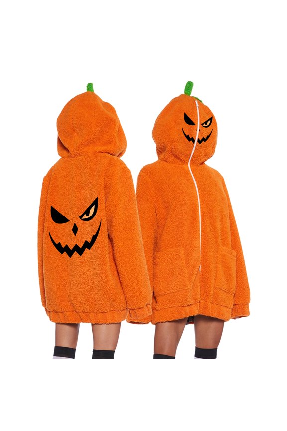 Pumpkin Oversized Hoodie Halloween Fleece Jacket Full Zip Sweatshirt Jack O Lantern Coat, Fuzzy Warm Sherpa Outerwear with Pockets Festive Cosplay Loungewear Tops for Theme Party Costume
