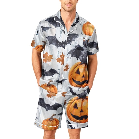 Pumpkin Pajamas Men Matching Halloween Pajamas Halloween Pjs Halloween Pajamas Men Cute Halloween Pajamas for Men Men 2 Piece Halloween Pajamas Outfits Pumpkin Print Short Sleeve, White, S