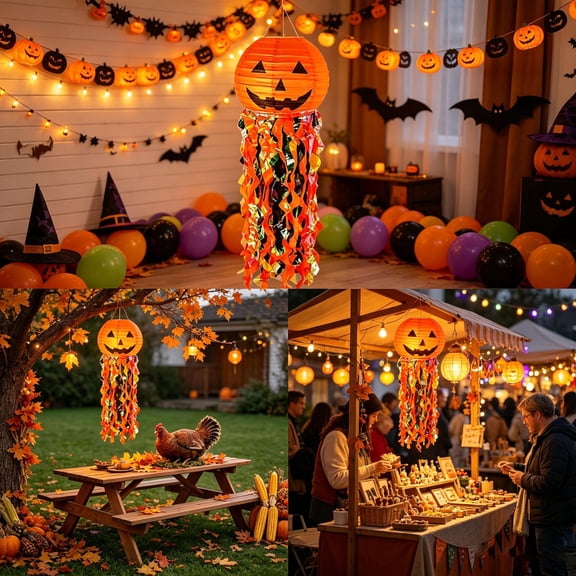 Pumpkin Paper Lantern With Long Iridescents Streamers,34x10" Jack'O Lantern Pumpkin Design Easy to Install for Indoor Hanging Decor,Adult Birthday Wedding Graduation Indoor Outdoor Garden Home Decor