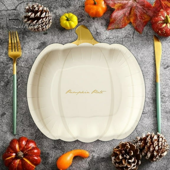 Pumpkin Paper Plates10PCS,Halloween Party Tableware7.28x7.09in,Gold Foil Stamped Disposable Trays for Festive Fall Gatherings(White)