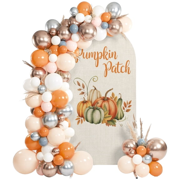 Pumpkin Patch Arch Backdrop Cover 4 FT, Orange Green Autumn Pumpkins Leaf Retro Linen Wedding Arch Cover Stretchy Backdrop Stands Covers for Birthday Party Ceremony Banquet Decor