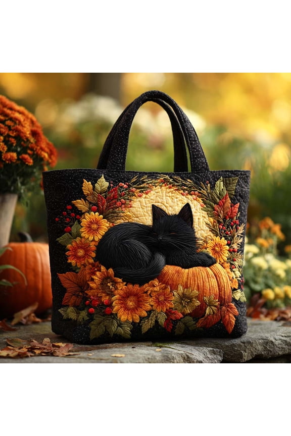 Pumpkin Patch Cat Quilted Tote Bag, Women Quilted Tote Bag, Handmade Patchwork Tote, Women Shoulder Bag, Gift For Her