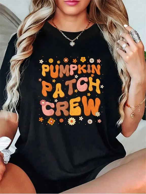 Pumpkin Patch Crew Graphic Tee Autumn Floral Print Unisex Casual Fall Season Holiday Gift Cotton Men's Women's Tee Shirt