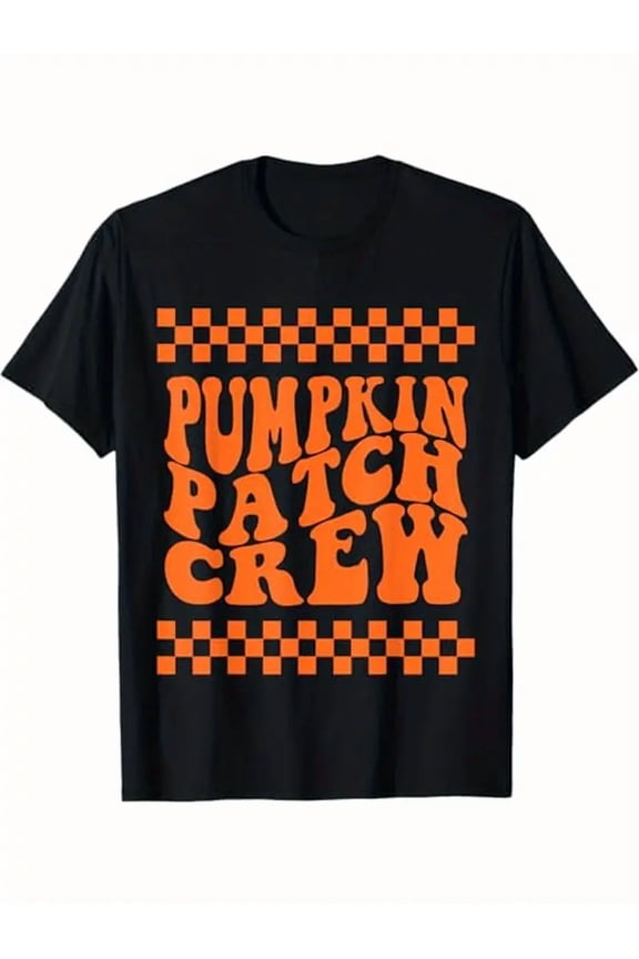 Pumpkin Patch Crew Matching Family Retro Halloween Groovy Themed T-Shirt. Suitable as a Halloween gift for family and friends. 100% cotton black T-shirt. S-XXXL.
