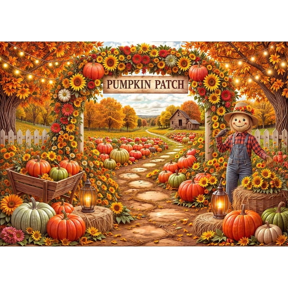 Pumpkin Patch Fall Arch Backdrop Autumn Farm Harvest Scarecrow Photography Background for Thanksgiving, Baby Shower & Party Photo Booth Decor 5X3 ft