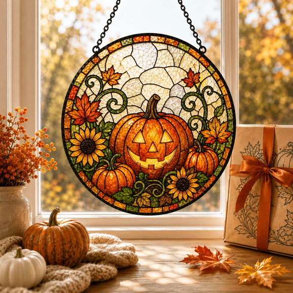 Pumpkin Patch Halloween Stained Glass Suncatcher Window Hanging for Fall Decor Lovers