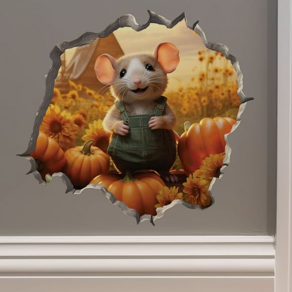 Pumpkin Patch Mouse in Mouse Hole Decal - Mouse Hole 3D Wall Sticker