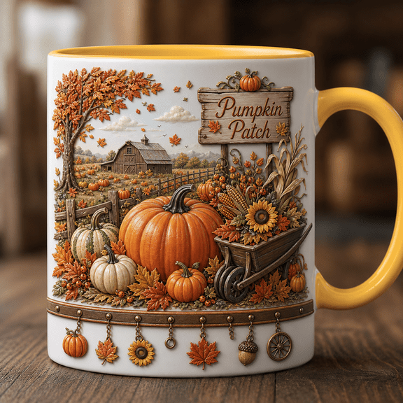 Pumpkin Patch Mug 3D Effect Autumn Leaves Coffee Cup for Fall Harvest Gifts