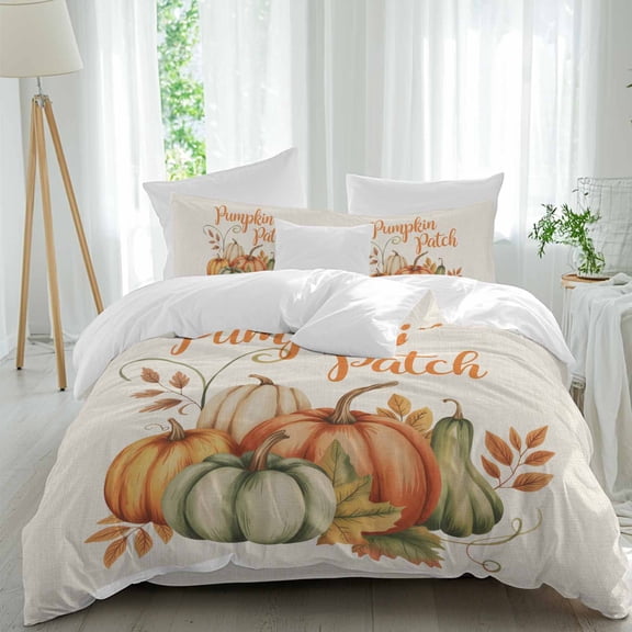 Pumpkin Patch Queen Duvet Cover Set, Orange Green Autumn Pumpkins Leaf Retro Linen 4 Piece Microfiber Bedding Set with Zipper Closure, Bed Sheet and 2 Pillow Shams, Soft Bedding Cover
