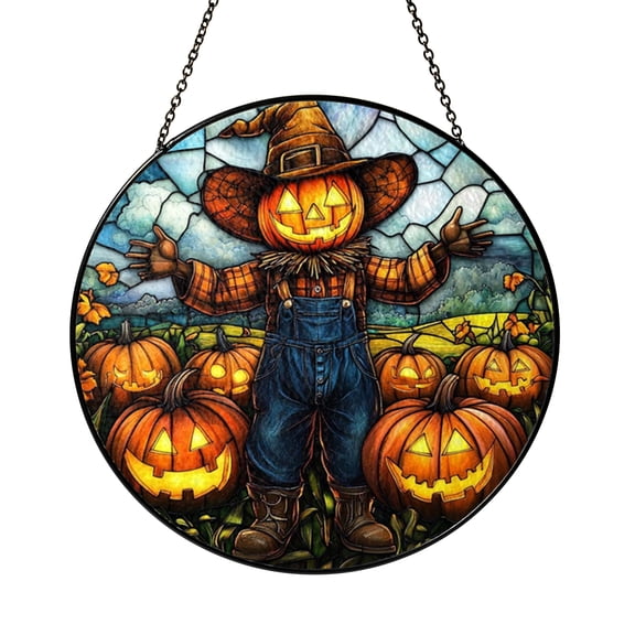 Pumpkin Patch Scarecrow Stained Glass Style Suncatcher Window Hanging Decor, Autumn Decorative Glass Panel Art Window Ornament Fall Decor Gift