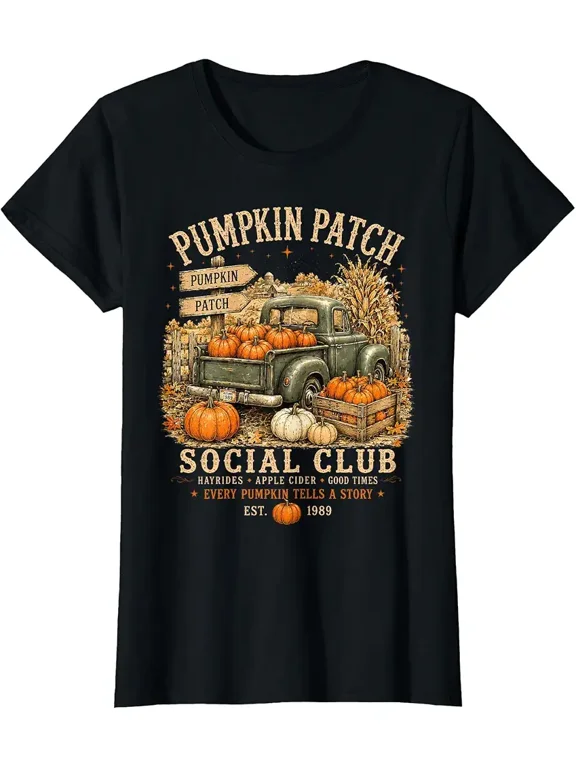 Pumpkin Patch Social Club Vintage Retro Graphic Tee Autumn Harvest Design Unisex Adult Casual Wear Fall Halloween Gift Cotton Men's Women's Tee Shirt