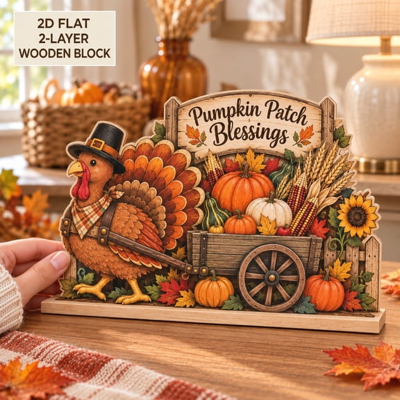 Pumpkin Patch Turkey 2-Layer Wooden Block for Rustic Thanksgiving Decor