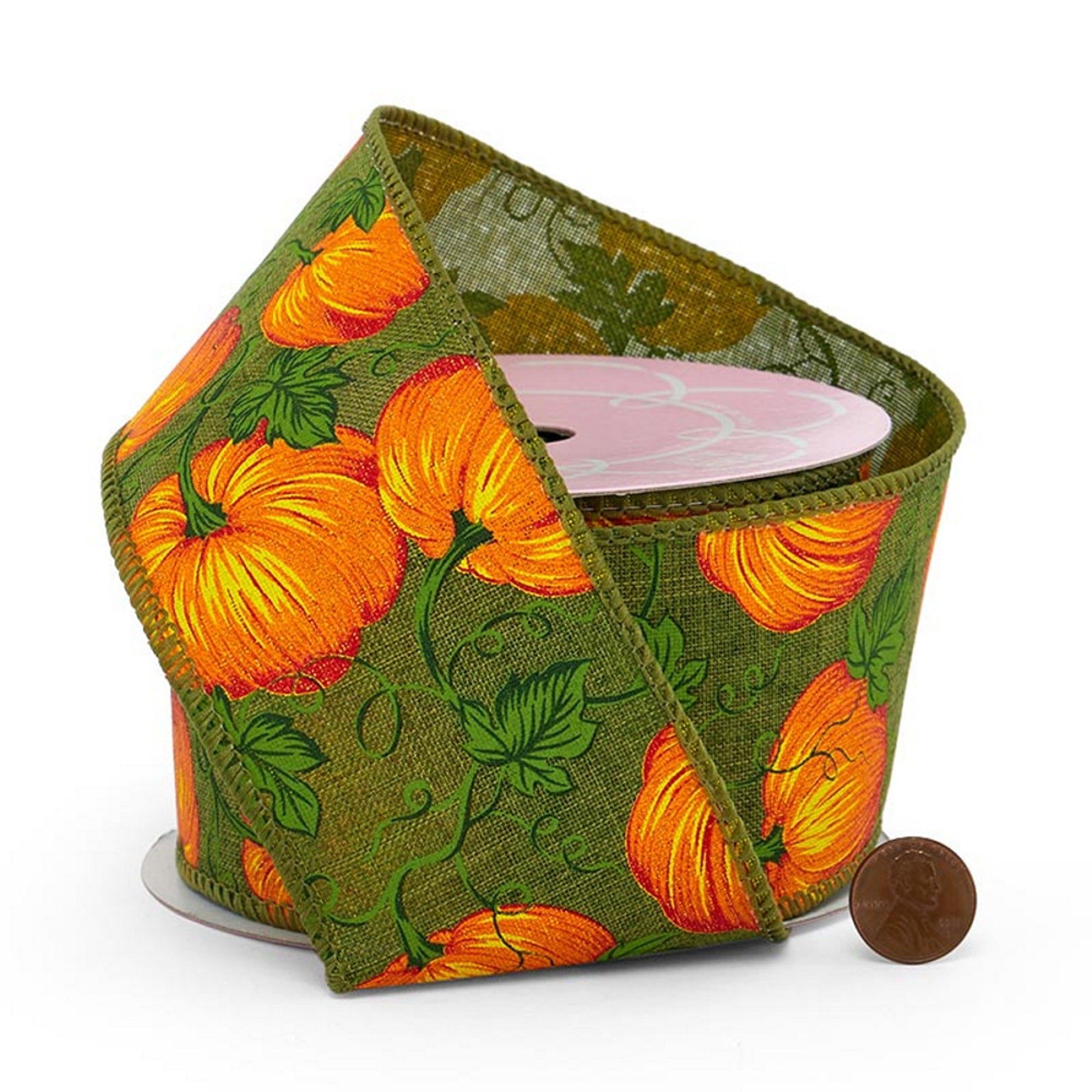 Pumpkin Patch on Green Wired Ribbon - 2-1/2 Inches Wide X 10 Yards (56000003)