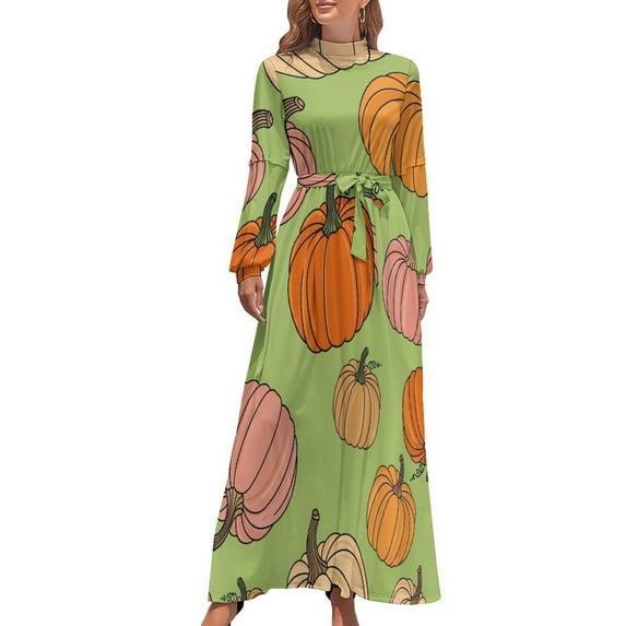 Pumpkin Pattern Autumn Harvest Fall Women's Long Dress Long Sleeves Dress Vintage Dresses Party Maxi Dress High Waist Dress