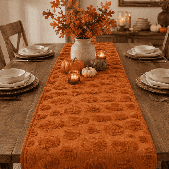 Pumpkin Pattern Table Runner,13 x 72 inch Jacquard Fall Decor for Thanksgiving,Halloween and Dining