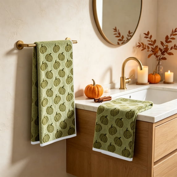 Pumpkin Patterns Towels,2 Pcs Fall Pumpkin Jacquard Hand Towels,Absorbent Dish Towels for Autumn Harvest Thanksgiving Kitchen & Bathroom,23.6 x 15.7 Inch(Green,A)