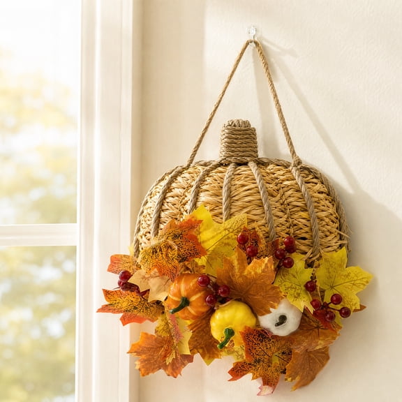 Pumpkin Pendant Decor, Straw Fall Wreath, Autumn Front Door Ornament, Features Handcrafted Natural Details and Hangs Securely with Rope for Front Door, Entryway, and Fireplace Mantel.