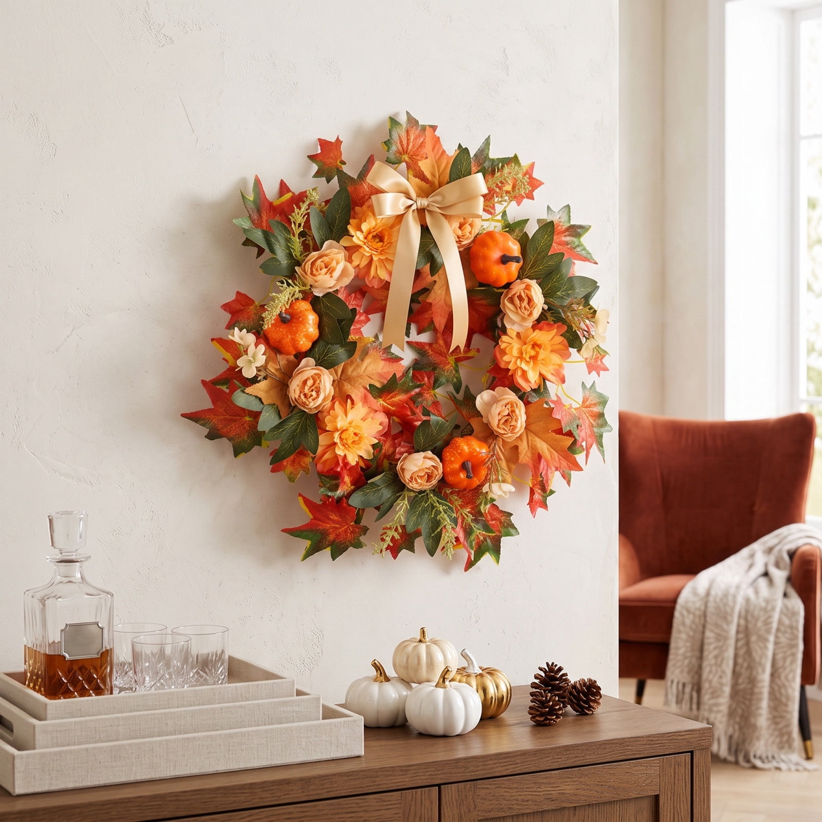 Pumpkin, Peony Seasonal Front Door Wreath, artificial floral and