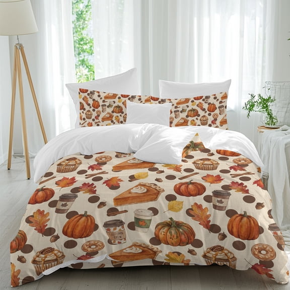 Pumpkin Pie California King Duvet Cover Set, Coffee Cups Cupcakes Leaves Autumn 4 Piece Microfiber Bedding Set with Zipper Closure, Bed Sheet and 2 Pillow Shams, Soft Bedding Cover