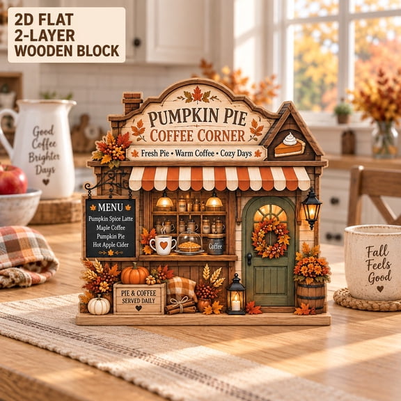 Pumpkin Pie Coffee Corner Wooden Block for Fall Tabletop Decor