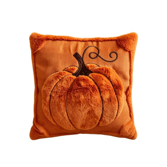 Pumpkin Pillow Cover, Orange Plush 3D Embroidered, 1 Piece 18.0 x 18.0 inch Soft Decorative Throw Cushion Case, Perfect for Fall Thanksgiving Harvest Home Sofa Couch Bedroom Living Room Farmhouse Dec