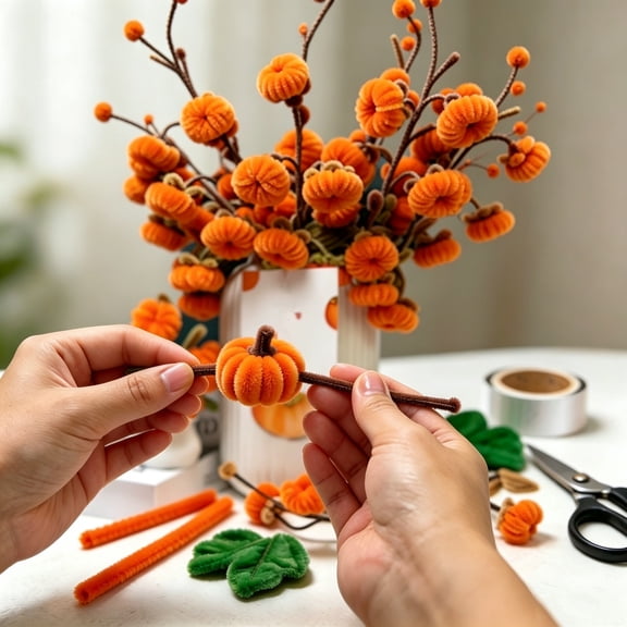 Pumpkin Pipe Cleaner Flower Bouquet Crafts Kit With Vase Thanksgiving Fall Handmade Making Supplies Orange Flocking Pumpkin Twig Decor Set For Autumns Gift