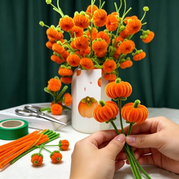 Pumpkin Pipe Flower Bouquet Crafts Kit with Vase Thanksgiving Handmade Making Supplies Flocking Pumpkin Twig Decor Set Autumn for Home Shelf Dining Room Diy Craft Activity Classroom Projects 7.9 inch
