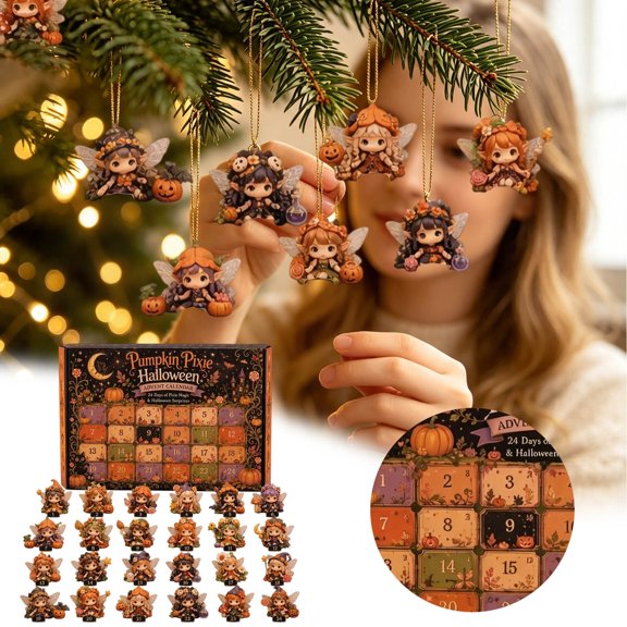 Pumpkin Pixie Halloween Advent Calendar - 24 Days 2D Acrylic Hanging Ornaments Blind Box, 24 Hour or Minute Countdown Tree Decor, Perfect Autumn Gift for Kids