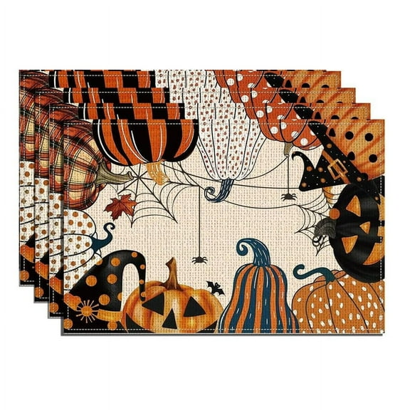 Pumpkin Placemats Set of 4, Pumpkin Ghost Table Place Mats for Dining Table Halloween Spider Washable Table Mats Linen Heat Resistant Place Mats Decor for Party Holiday Kitchen, 18x12 Inch