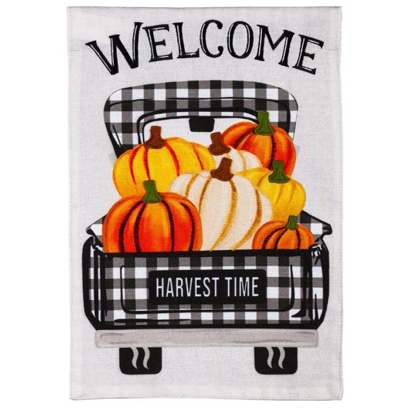 Pumpkin Plaid Truck Garden Flag 2 Sided Burlap