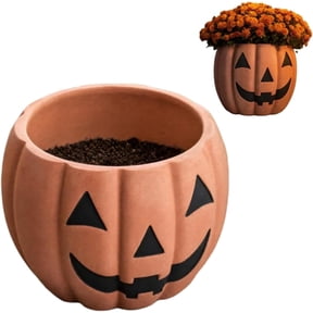 Pumpkin Planter Pot with Jack-O-Lantern Face, Clay Flower Pot for Indoor or Outdoor Fall Decor