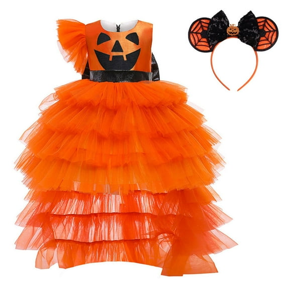 Pumpkin Princess Costume for Girls Birthday Party Tutu Fancy Dress Up, 2-7Y