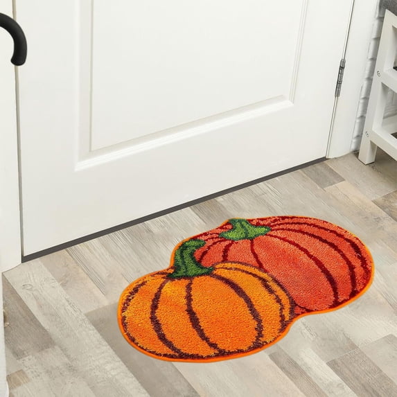 Pumpkin Print Acrylic Area Rug, Seasonal Entryway Mat with Non-Slip Backing for Festive Home Decor