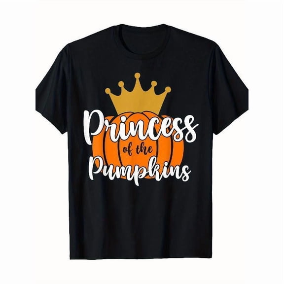 Pumpkin Printed Tops,"Princess of the Pumpkins"Text Pattern Fashion Tees,Crew Cotton Neck,Fall T Shirt,Size(S-5XL)