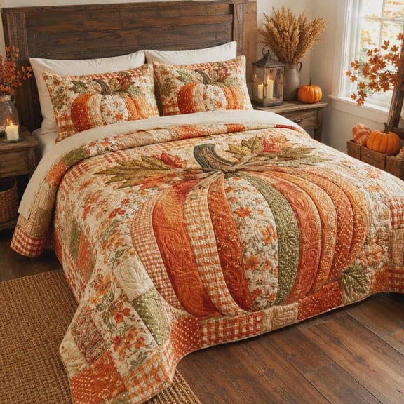 Pumpkin Quilted 3-Piece Bedding Set, Fall Harvest Bedding, Autumn Quilt, Farmhouse Bedroom Decor, Thanksgiving Gift