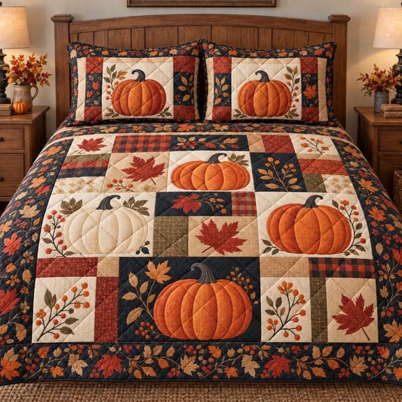 Pumpkin Quilted Bedding Set, Fall Patchwork Quilt, Autumn Leaves Bedspread
