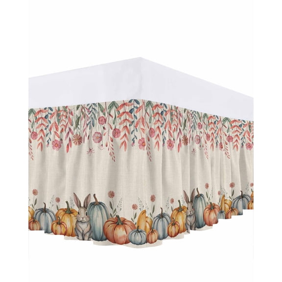Pumpkin Rabbit Bed Skirt Thanksgiving Fall Pink Floral Retro Linen Bed Skirts King Size 16 Inch Drop, Wrap Around Dust Ruffle Bedskirt with Adjustable Elastic Belt for Queen Size Beds